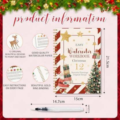 Christmas Watercolor Workbook, Holiday Painting Book with 12 Xmas Designs - Image 2