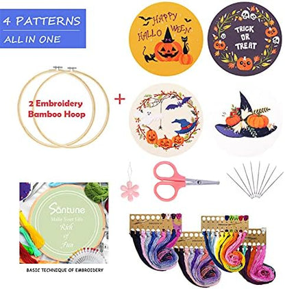 Santune 4-Pack Halloween Embroidery Kit Cross Stitch Kits for Beginners DIY Needlepoint Kit with 4 Embroidery Clothes Featuring Pumpkin Patterns,2 Hoops,Color Threads,Needles - Image 4