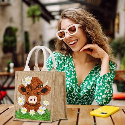 PUNICA Punch Needle Kits for Beginners with Highland Cow Pattern - Burlap Tote Bag for Adults & Kids, DIY Embroidery Starter Kit | Easy Craft Gifts (9x6.5x8.5 Inch) - Image 6
