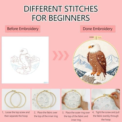Zhenqing Bald Eagle Embroidery Kit for Beginners, Wildlife Mountain Needlework Craft with Pre-Printed Cotton Fabric, Hoop, Threads & Tools (C0211) - Image 4