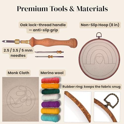 Zyrose Punch Needle Kit for Beginners & Adults, Printed Fabric, 8" Non-Slip Hoop, 3 Interchangeable Needles, Premium Merino Yarn – Complete Starter Set – Joyful Days - Image 6