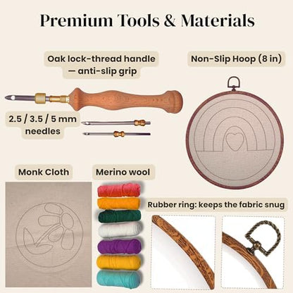 Zyrose Punch Needle Kit for Beginners & Adults, Printed Fabric, 8" Non-Slip Hoop, 3 Interchangeable Needles, Premium Merino Yarn – Complete Starter Set – Joyful Days - Image 6