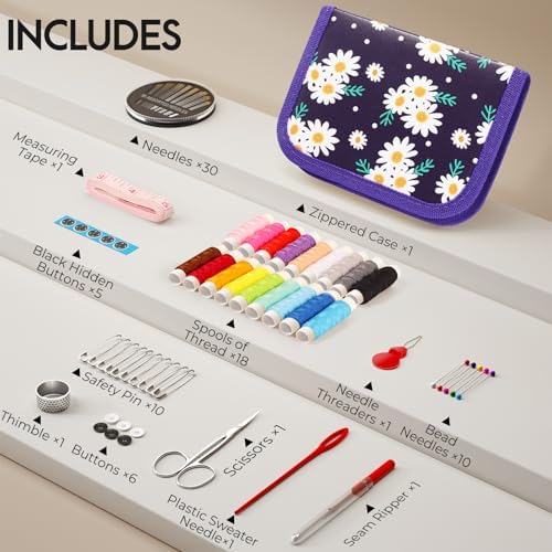 Coquimbo Sewing Kit Gifts for Kids Mom Grandma Adults Beginner Traveler, Portable Sewing Supplies Accessories Contains Thread, Needle, Scissors, Measure Tape, Thimble (Daisy) - Image 2
