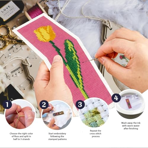 INFUNLY 6PCS Cross Stitch Bookmark Kit for Adults Rose Tulip Stamped Embroidery Bookmark Kit with Backing Felt Floss Instruction for Book Lovers Readers - Image 4