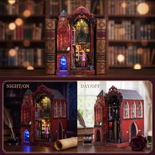 Book Nook Kit for Bookshelf — Arcane Spire Magical Castle 3D Wooden Puzzle, DIY Miniature Dollhouse with LED Lights, Fantasy Book Shelf Insert Decor, Creative Gift for Adults & Teens - Image 6