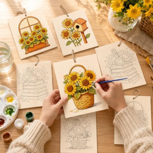 15 Pcs Unfinished Wood Crafts to Paint for Adults, 5.9x4.7 Inch Sunflowers Paintable Wood Slices Craft Supplies with Ropes, Bulk Predrilled Wooden Ornaments for DIY Painting Craft Decor - Image 3