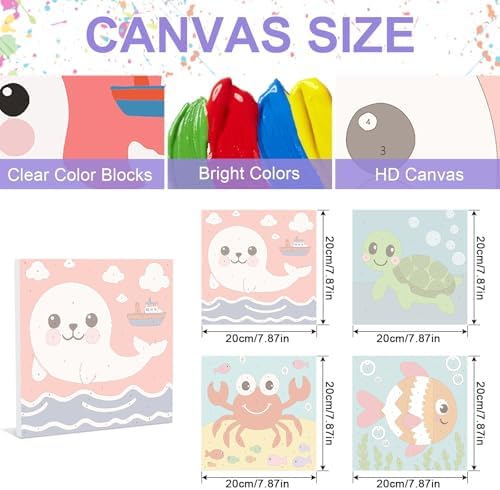 MVVMTOP 4 Pack Paint by Numbers Kit for Adults Beginner with Wooden Frame, Easy DIY Marine Animals Acrylic on Canvas Paint Painting Kits, for Home Wall Decoration Arts Crafts 7.8x7.8inch - Image 2