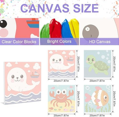 MVVMTOP 4 Pack Paint by Numbers Kit for Adults Beginner with Wooden Frame, Easy DIY Marine Animals Acrylic on Canvas Paint Painting Kits, for Home Wall Decoration Arts Crafts 7.8x7.8inch - Image 2