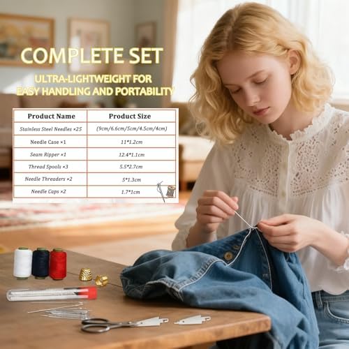 Big Eye Steel Sewing Needles Kit, 34PCS Big Eye Steel Needle Sewing Kit with Needles, Threads, Scissors, Thimble for Home, Travel, DIY Handcraft (Basic Hand Sewing Set - Image 2