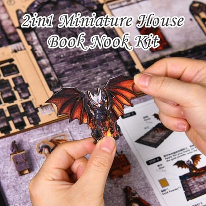 DIY Book Nook Kit, 3D Wooden Puzzle for Adults, Miniature House Kit with Touch LED Light, Gothic Bookshelf Insert Decor, Creative Hobby Gift for Fantasy Lovers (Dragons Treasure Labyrinth) - Image 6