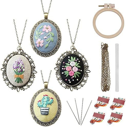 ZOCONE 4 Packs Embroidery Necklace Kits, Embroidery Pendant Kit Mini Cross Stitch Kit with Hoop, Necklace, Pendant, Stamped Pattern Cloth, Instructions, etc. Embroidery Kits for Adults by ZOCONE
