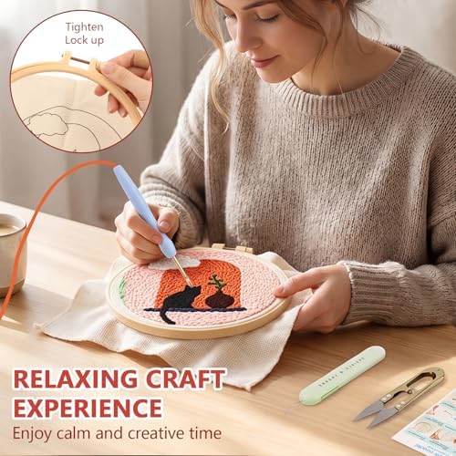 Punch Needle Kit Adults Beginner, Cute Window sill cat with Hoop Embroidery Punch Needle Starter Set, Hand DIY Embroidery Art Kits, Including Punch Needle Fabric with Pattern/Hoop/Needle/Yarns - Image 6