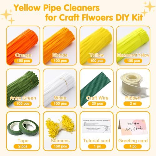 AHAMETON 620Pcs Golden Orange Pipe Cleaners Flower Kit,Chenille Stems - Image 2