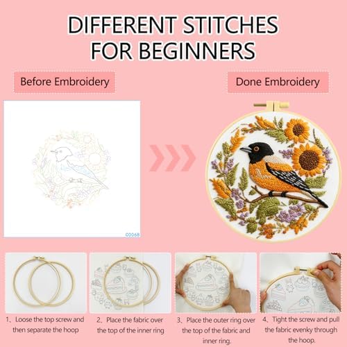 Zhenqing Bird Embroidery Kit for Beginners, Songbird & Floral Needlework Craft with Pre-Printed Cotton Fabric, Hoop, Threads & Tools, Garden Decor (C0068) - Image 4