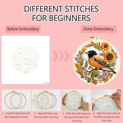 Zhenqing Bird Embroidery Kit for Beginners, Songbird & Floral Needlework Craft with Pre-Printed Cotton Fabric, Hoop, Threads & Tools, Garden Decor (C0068) - Image 4