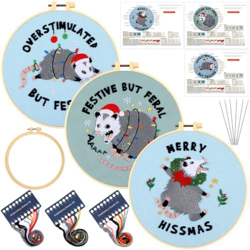 Mindsoft 3 Set Needlepoint Kit for Beginners with Hoop,Christmas Possum by Mindsoft