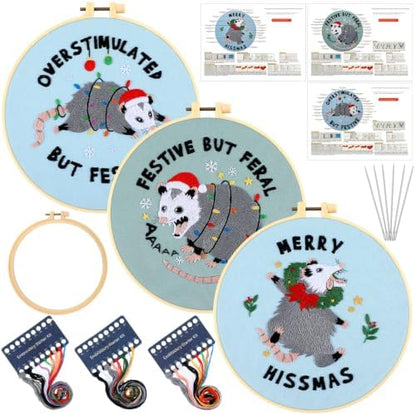 Mindsoft 3 Set Needlepoint Kit for Beginners with Hoop,Christmas Possum by Mindsoft