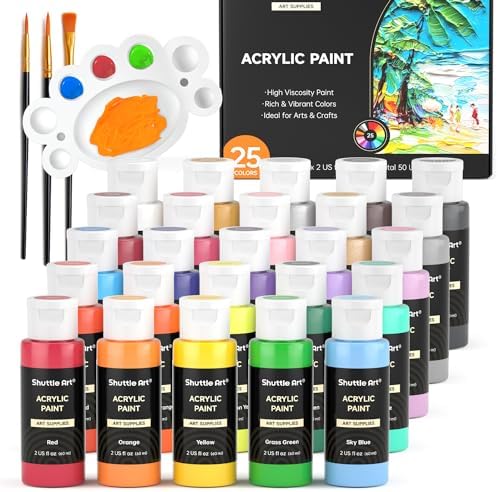 Shuttle Art Acrylic Paint, 25 Colors Acrylic Paint Set, 2oz/60ml Bottles, Rich Pigments Paint for Artists, Beginners and Kids on Canvas Rocks Wood Ceramic Fabric by ShuttleArt