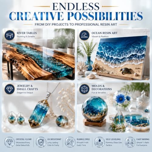 Epoxy Resin Kit: 2 gallons crystal-clear, bubble-free epoxy resin resists yellowing and cures quickly. Ideal for arts&crafts, tabletop casting, DIY jewelry making, mold casting (1:1 ratio) - Image 5