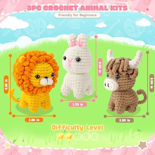 Fortuning's JDS Crochet Kit for Beginners, Amigurumi Crochet Animal Kits, Crocheting Kit for Starters Adult with Step-by-Step Video Tutorials, Animal Kits with Highland Cow, Lion, Bunny - Image 4