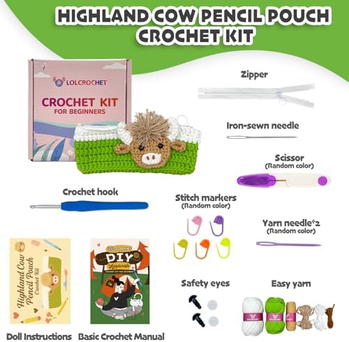Highland Cow Crochet Kit for Beginners, Learn to Crochet Pencil Bag Starter Set with Video Tutorial & Crocheting Manual, Easy Yarn Knitting Kit for Adult, DIY Amigurumi Birthday Xmas Gift Idea - Image 3