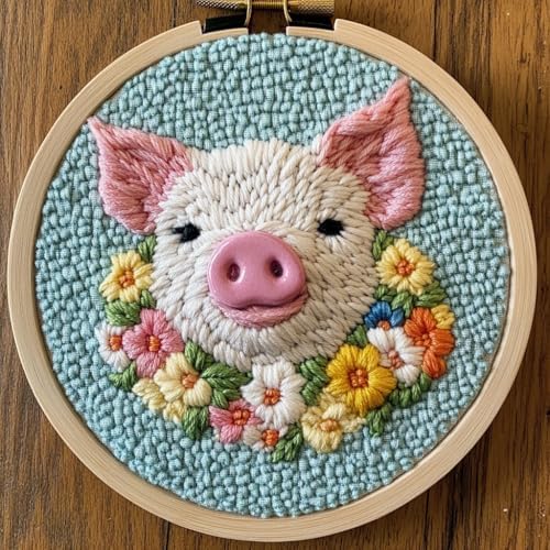 Punch Needle kit for Beginners, Flower-Crowned Pig Pattern, Punch Stitching kit for Adults, Needle Punch Kits for Adults, Animal Craft by Unknown