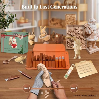 Whittling Kit for Adult Beginners, 29Pc Wood Carving Tools Set: 7 Knives, 6 Detail Gouges, Solid Strop Board, Gloves & Video Guide. Hand Carving Knife Set for Spoon, Basswood, DIY Hobby Gift - Image 6