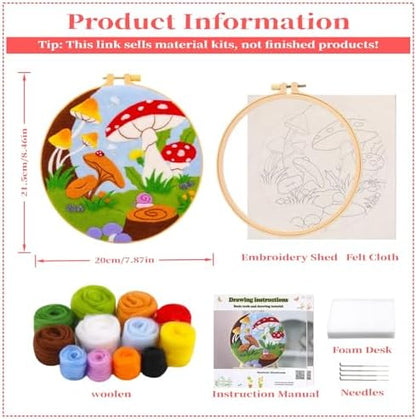 Wonafa Needle Felt Starter Set,Wool Needle Felt Starter Kit, Beginner Needle Felt Kit with Wool Felt Felt Needles, Photo Frame, Foam Mat, Felt Cloth and Instructions (Mushroom World) - Image 2