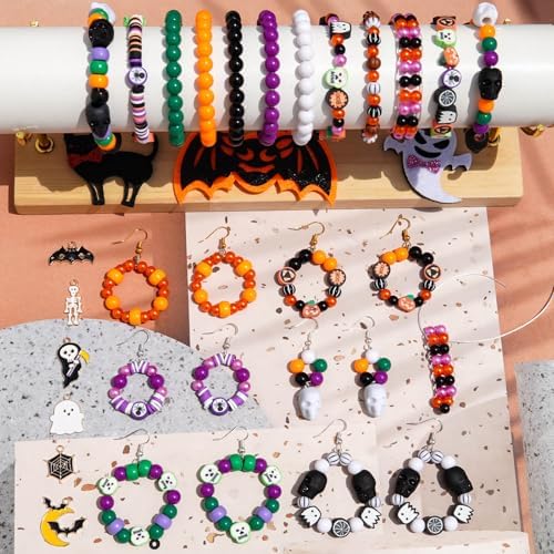 2100+PCS Halloween Beads Kit for Jewelry Making, Spooky DIY Crafts with Clay Charms Acrylic Rounds Pearls Pumpkin Skull Beads Ghost Witch Hat Bat Charms DIY Halloween Bracelets Necklace Earrings Craft - Image 3
