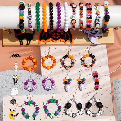 2100+PCS Halloween Beads Kit for Jewelry Making, Spooky DIY Crafts with Clay Charms Acrylic Rounds Pearls Pumpkin Skull Beads Ghost Witch Hat Bat Charms DIY Halloween Bracelets Necklace Earrings Craft - Image 3