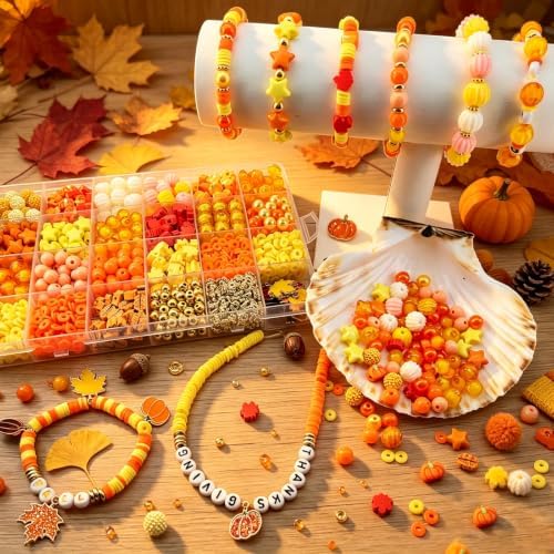 1470Pcs Fall Bracelets Kit - Thanksgiving Fall Beads for Jewelry Making - Autumn Maple Leaf Pumpkin Clay Beads Pearl Star Round Loose Spacer Heishi Beads for Necklace Earrings DIY Craft - Image 2