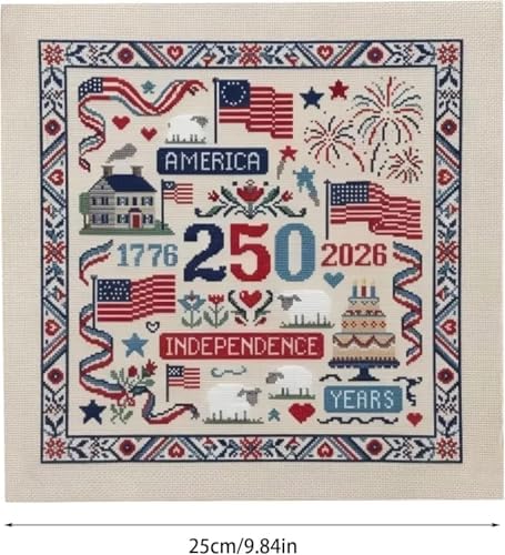 USA 250th Anniversary Cross Stitch Kit 9.8 x 9.8 Inch, 1776-2026 Patriotic Embroidery Kit for Beginners Adults, DIY 4th of July Patriotic Needlepoint Set with Threads Needle Wall Decor Craft Gift - Image 2