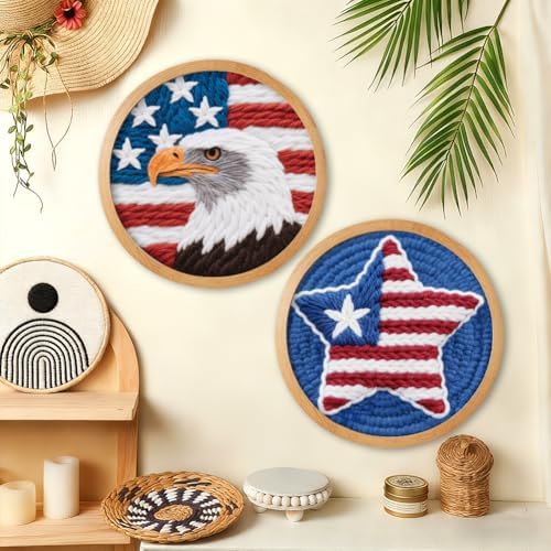 BEUNITONE 2Pcs Punch Needle Kit for Beginners, American Flag Starter Embroidery Kits with Frame & Instructions, Needle Felting Kit Poke Art for Adults DIY Craft for Coasters, Bags, Clothes Decor - Image 4