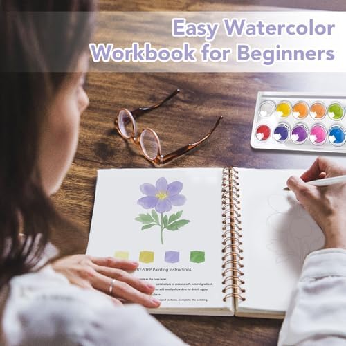 Easy Watercolor Workbook for Beginners - 12 Beautiful Step-by-Step Paintings Water Coloring Book, Includes 16 Watercolors Set, Relaxing Art Projects and Creative Gift for Adults & Teen (Flowers) - Image 2