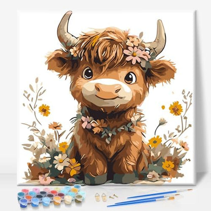 Framed Paint by Numbers Kit for Adults Beginners – Cute Highland Cow by CamocinDIYKit