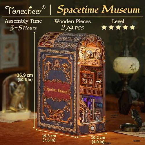 Tonecheer DIY Book Nook Kit for Adults, 3D Wooden Puzzle Bookend Miniature House Kit, Booknook Bookshelf Insert Decor with Dust Cover and LED Lights Gifts (Spacetime Museum) - Image 2