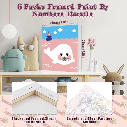 MXCFZX 6 Pack Framed Paint by Numbers Kit for Kids,Cute Sea Animals Painting Kits for Ages 4-6-12,Easy Paint by Number Kids Paint for Beginner,DIY Acrylic Oil Painting Kit for Wall Decor(8X8inch) - Image 2
