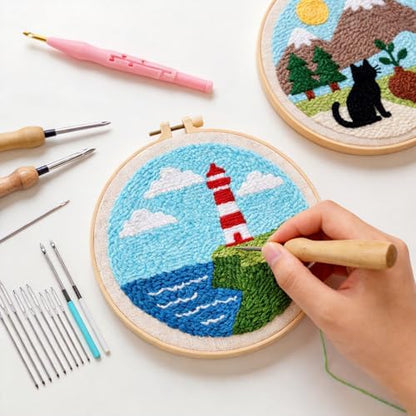 DIY Punch Needle Kit for Beginners, All-in-One Embroidery Starter Set for Adults & Teens with Pre-Stamped Fabric, Soft Yarn & Adjustable 7.87IN Hoop for Wall Art & Home Decor Craft (Light House) - Image 3
