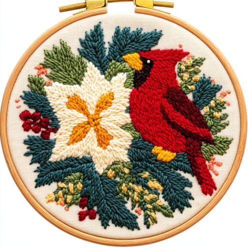 DIY Punch Needle Kits Christmas Flowers Cardinal Bird with Hoop 20x20cm-3 by Unknown