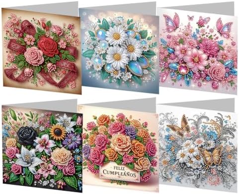 6 Pack DIY Diamond Painting Greeting Card Kit Flowers, 5D Diamond Art Christmas Birthday Holiday Foldable Thank You Cards Blessing, Art Crafts Kit Creative with Envelope by POETRYDRAW