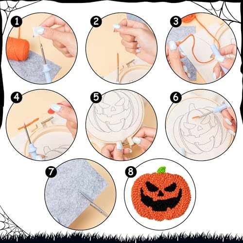 WATINC Halloween Punch Needle Coaster Kits - 23Pcs Easy Art Work Decor Craft Supply for Beginners, DIY Set of 6 Pattern Tufted Pads with Adhesive Felt Yarns Tools Coaster Holder Instruction (Orange) - Image 3