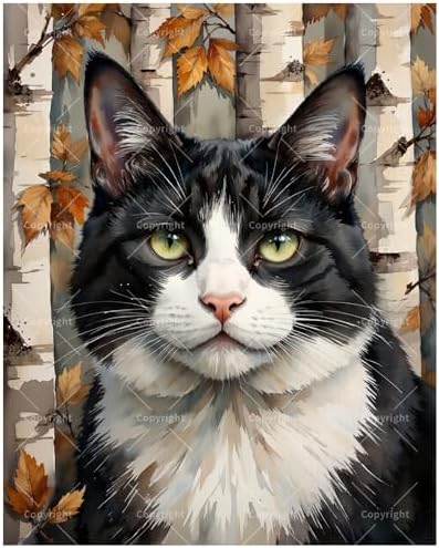Tuxedo Cat Paint by Numbers Kit for Adults - DIY Black and White Cat in Autumn Forest Painting on Canvas 8x12In, Framed Acrylic Paint Set, Suitable for Beginners, Art for Home Decoration or Gifts by Unknown