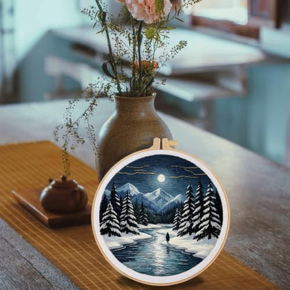 FONNUY Embroidery Kit for Beginners, Boho Nature Landscape Pre-Stamped Pattern Kits for Adults with Hoop, Easy to Follow Color Thread Needlework, 8'' Hoop (Winter Night) - Image 4