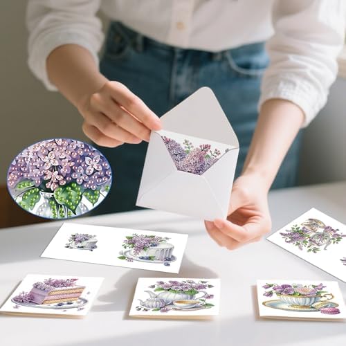 6pcs Diamond Painting Greeting Card with envelopes, DIY Afternoon Tea with Lavender Diamond Art Greeting Card for Blessing and Wish Special Shaped Arts Crafts for Christmas Birthday Thanksgiving Day - Image 7