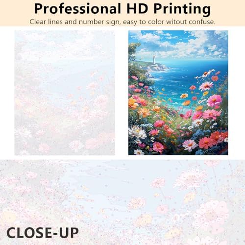 TUMOVO Flower Framed Paint by Numbers Kit for Adults Beginner, Sea Adult Paint by Number Kits on Canvas, Coastline Scenery Oil Painting for Gift Home Decor, Acrylic Drawing Paint Kits 16"x20" - Image 3