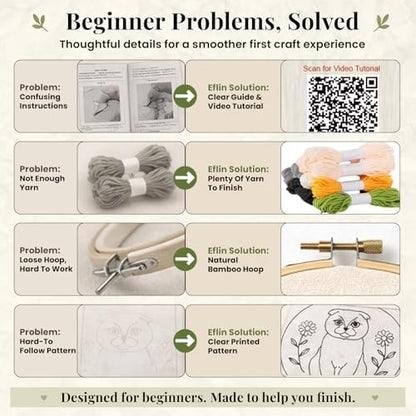 Eflin Punch Needle Kits Adults Beginner, Cute Scottish Fold Cat Punch Needle Kit for Beginners with Daisy Pattern, Natural Bamboo Hoop, Yarns, Tools, Tutorial Video, Rare Gift for Craft Kits, Decors - Image 5