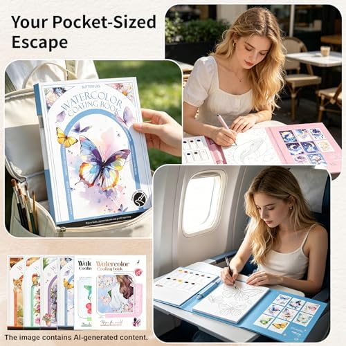 elves Travel Watercolor Kit for Adults & Beginners, Pocket 3-Fold Watercolor Coloring Book, All-in-One Creative Stress Relief Art Kit, Portable Watercolor Painting Books, Butterfly Theme - Image 5