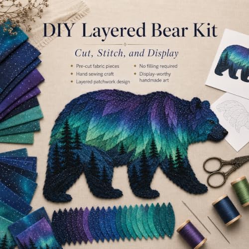 Northern Lights Animal Embroidery Kit DIY Fabric Patchwork Craft Set (BEAR) - Image 2