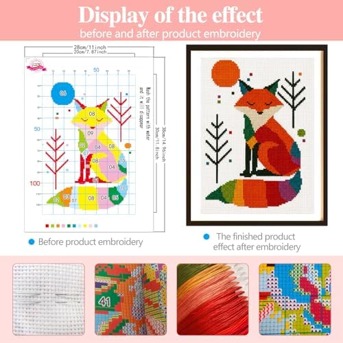 Zhenqing Rainbow Fox Cross Stitch Kit - 11CT Pre-Printed 28x38cm Fabric with Threads & Needle (No Tools) (68571) - Image 3