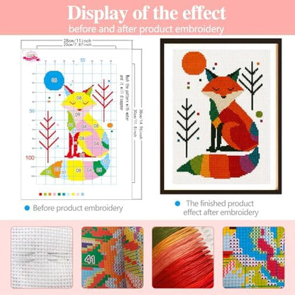 Zhenqing Rainbow Fox Cross Stitch Kit - 11CT Pre-Printed 28x38cm Fabric with Threads & Needle (No Tools) (68571) - Image 3